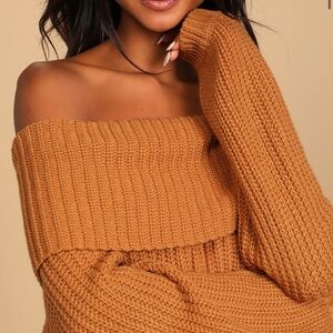 Lulus Carmichael light brown off-the shoulder knit sweater